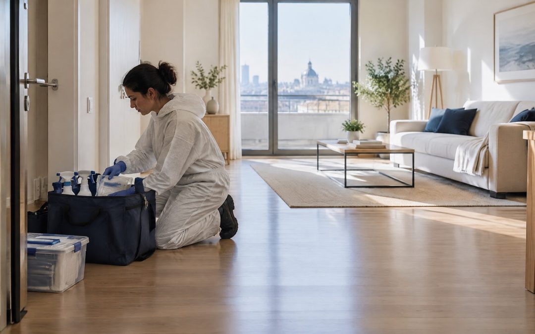 Técnica con protección organiza material profesional en una vivienda de Madrid antes de una limpieza tras un episodio traumático.