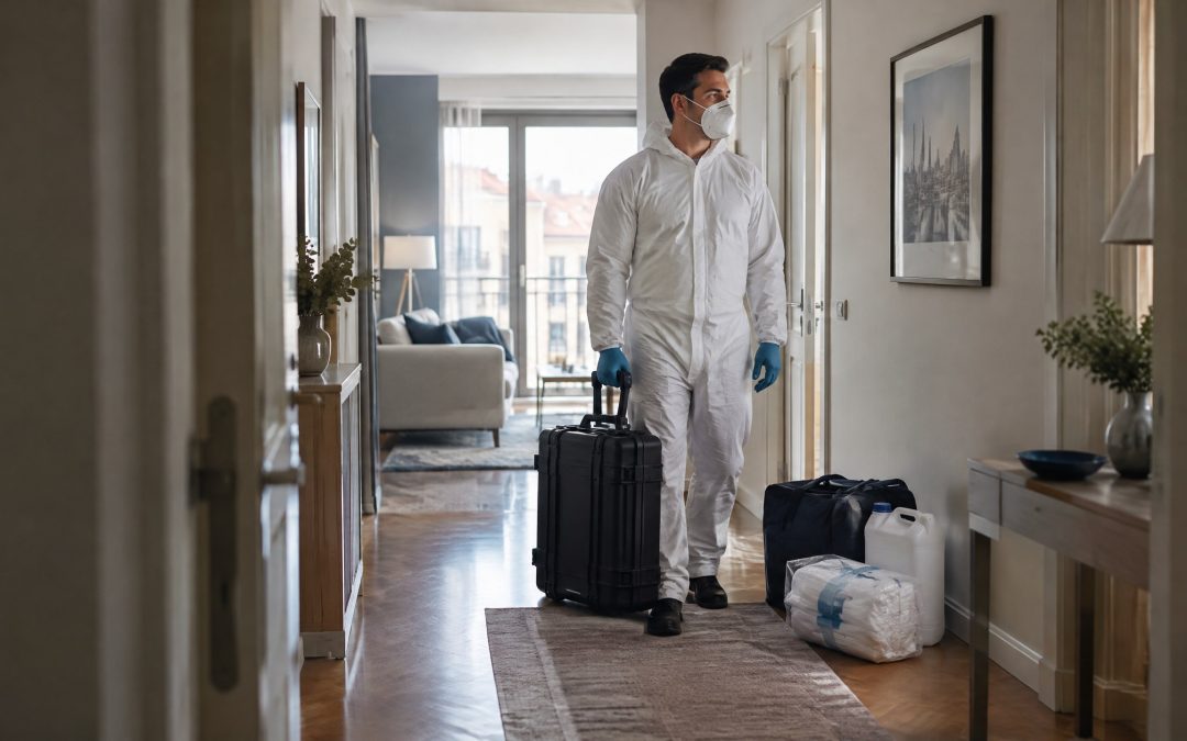 Técnico con protección y equipo profesional en el pasillo de una vivienda de Madrid antes de una limpieza tras fallecimiento, sin contenido gráfico.