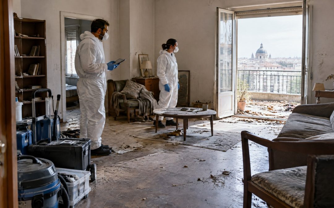 Dos técnicos con protección evalúan una vivienda abandonada de Madrid antes de limpiar y descontaminar sus estancias.
