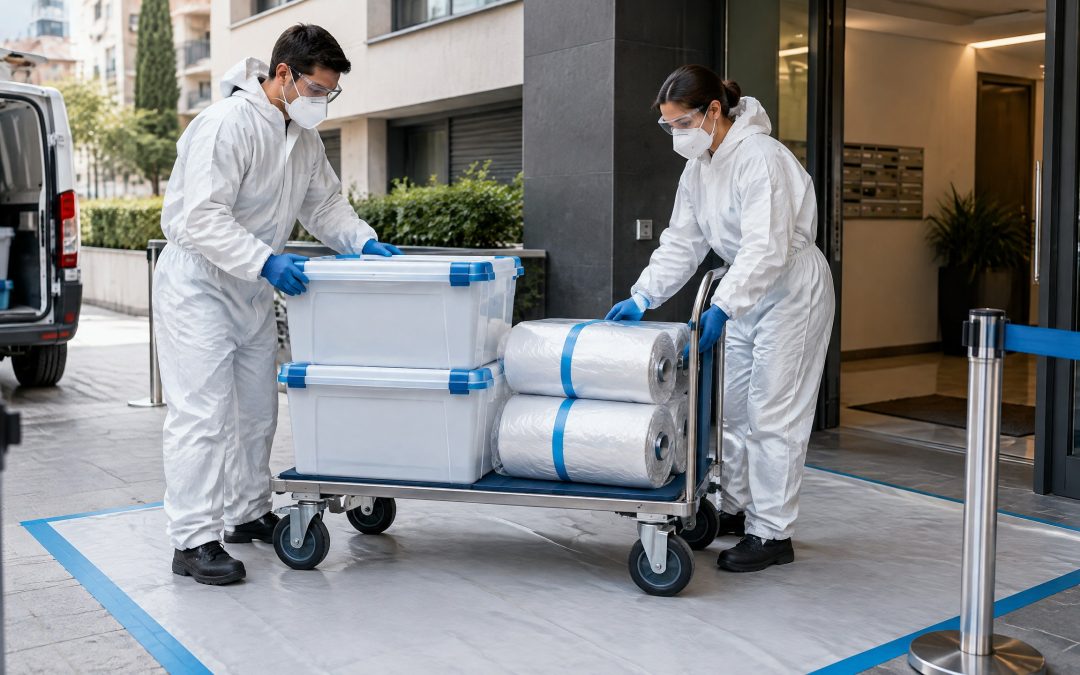 Dos técnicos con protección trasladan contenedores cerrados y material embalado durante una retirada segura en Madrid.
